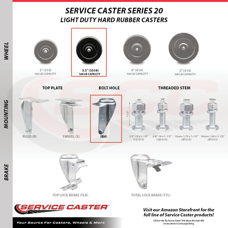 Service Caster 3.5 Inch Hard Rubber Wheel Swivel Bolt Hole Caster Set SCC-BH20S3514-HRS-4